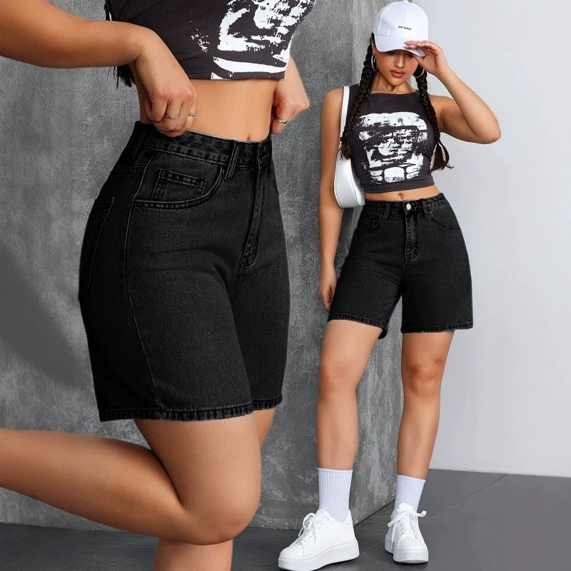European and American design high-waisted black denim shorts for women, trendy, stretchy, slim-fit, straight-leg mid-length pants