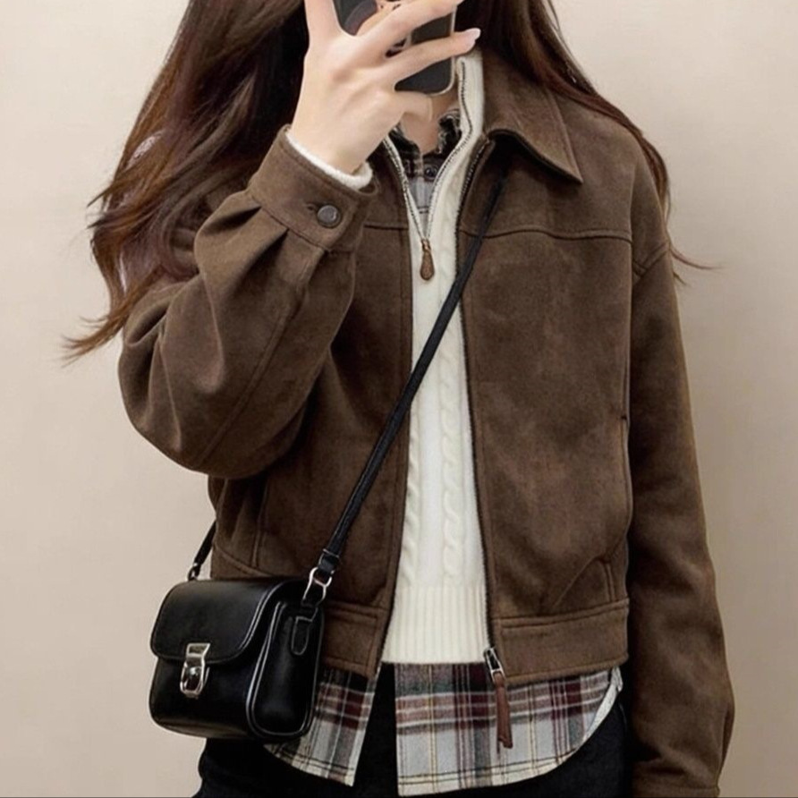 美拉德棕色仿麂皮绒外套女2026秋季新款复古韩版宽松显瘦百搭外套 女装厂家批发实拍图