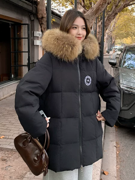 Maternity Wearable 150kg Plus Size Thick Hooded Raccoon Fur Collar Mid-Length down Jacket for Women 245
