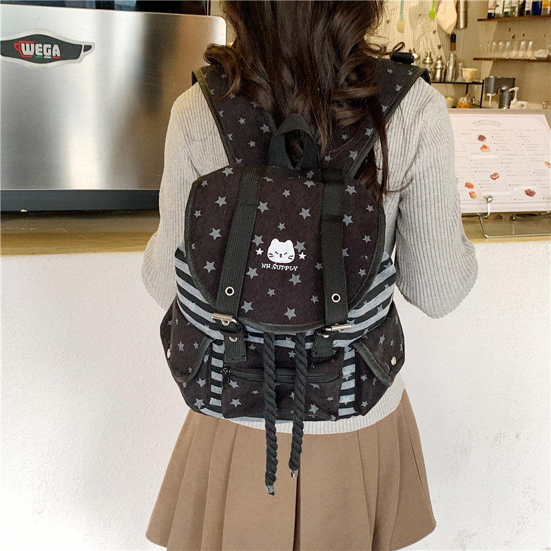 Korean Retro Striped Plaid Backpack, School Bag, Star Print Flip-Top Backpack, Outdoor Sports Travel Backpack