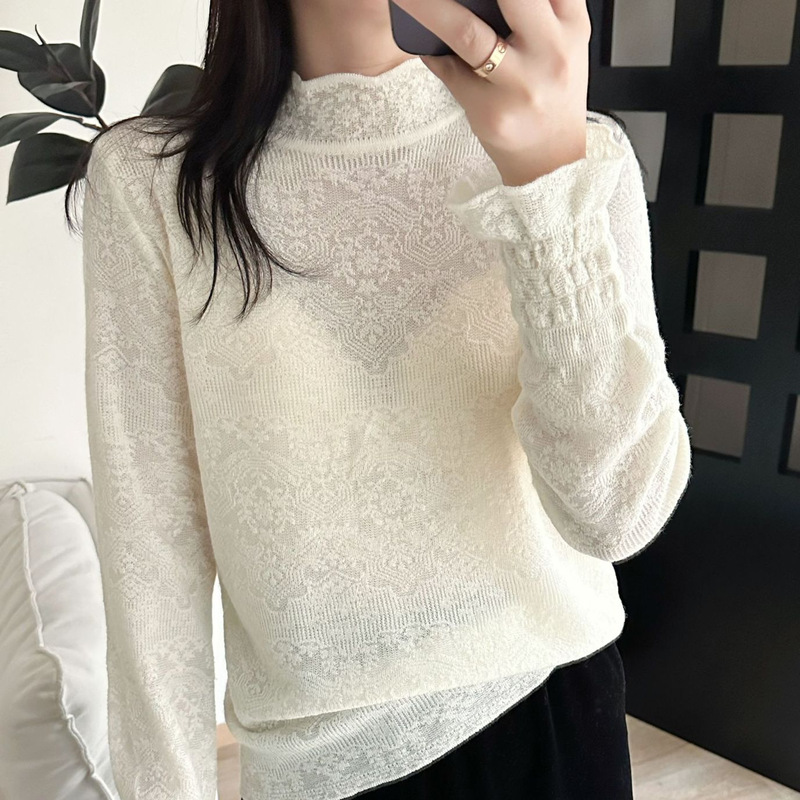 French Half-high Collar Jacquard Lace Sweater Knitted Base Shirt Women's Inner Chanel Style Gentle Western Style Elegant Top French Half-high Collar Jacquard Lace Sweater Knitted Base Shirt Women's Inner Chanel Style Gentle Western Style Elegant Top