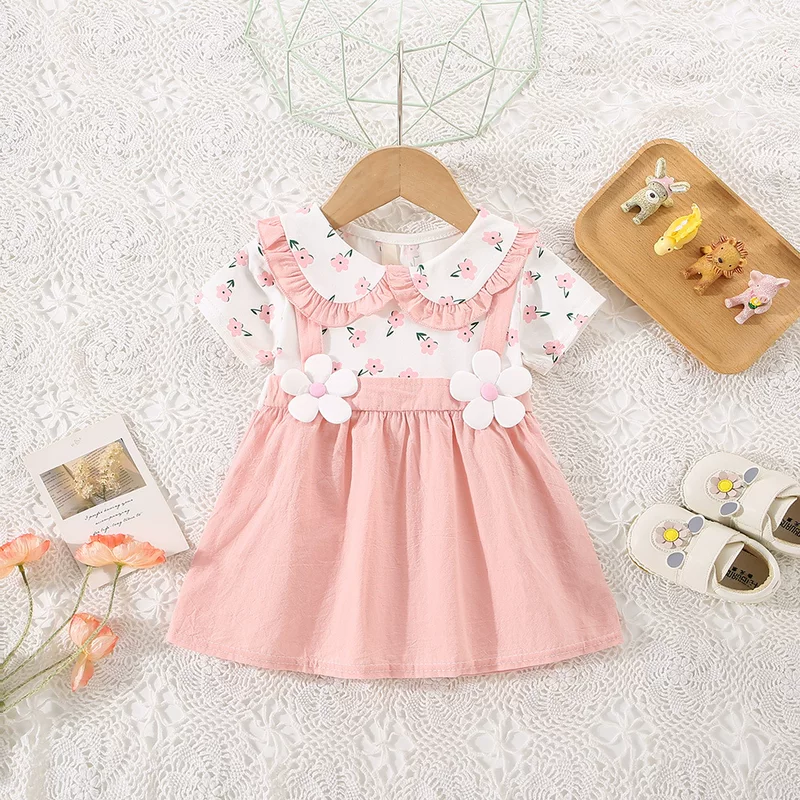 Летнее платье, комплект для отдыха, цветочный принт, с коротким рукавом, корейский стиль
