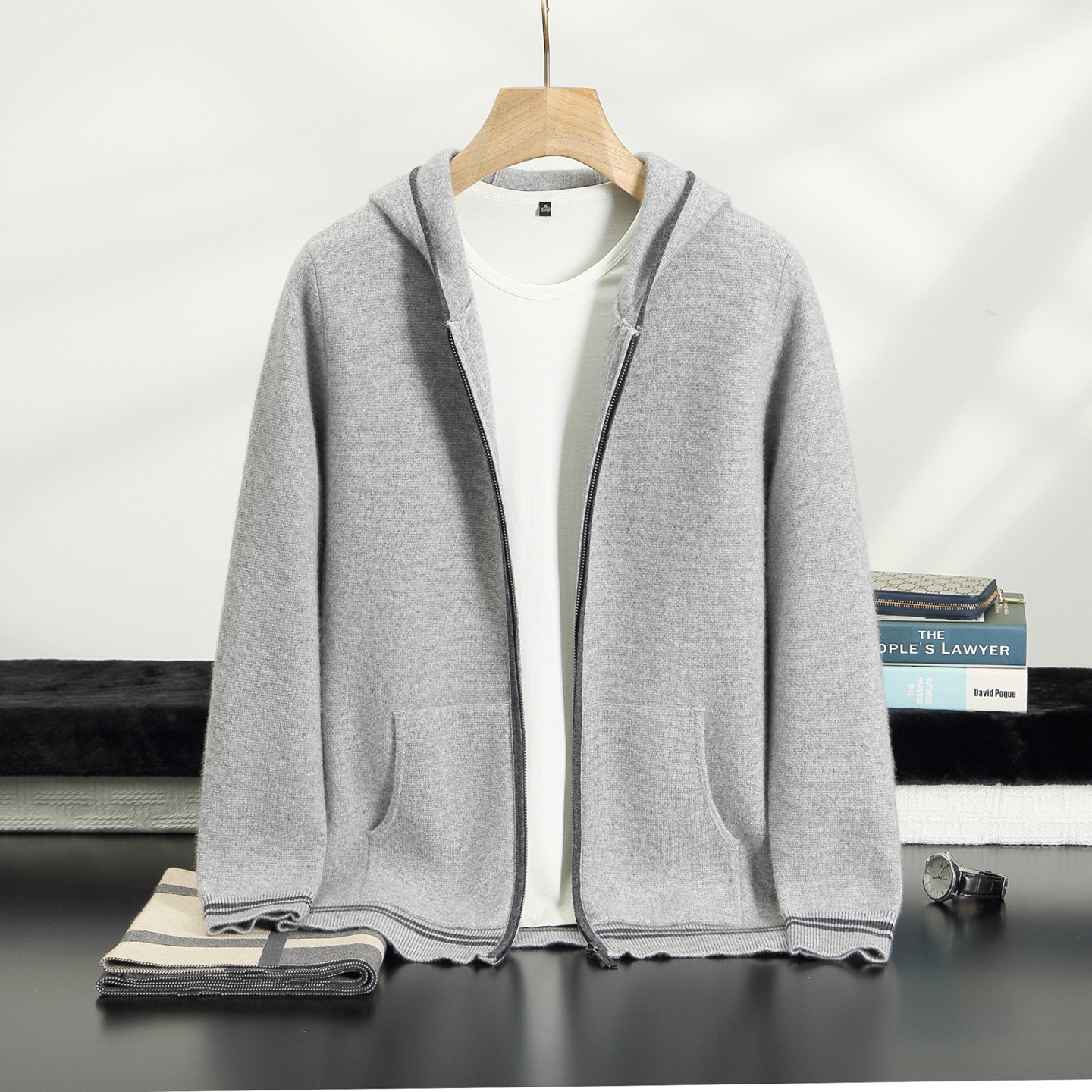 Cashmere cardigan, knitted men's hooded zip-up jacket, casual and relaxed style sweater, thickened and warm cashmere outerwear