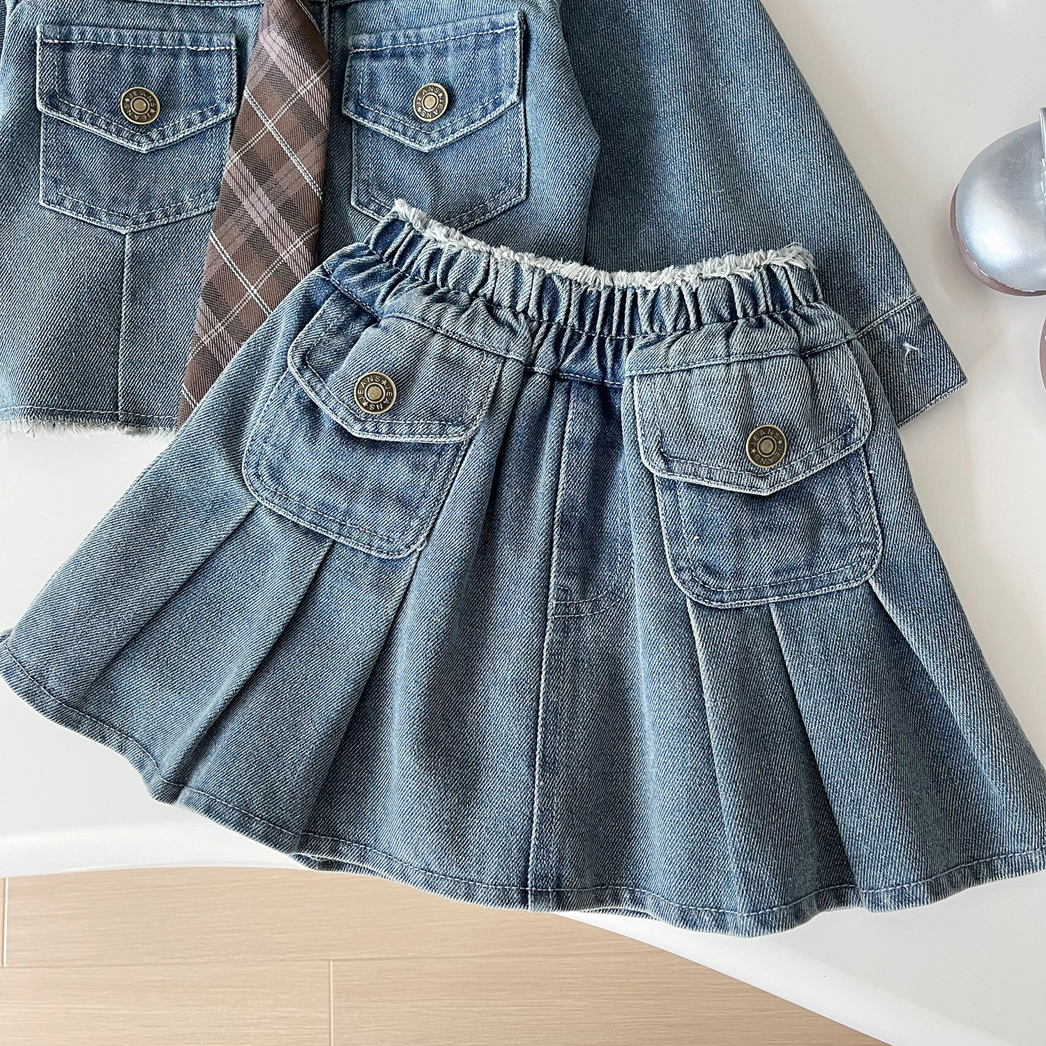 Girls Korean Style Denim Jacket And Skirt Two Piece Set For Autumn_voghion.com