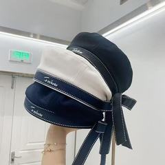 日系甜美帽子女可爱飘带蝴蝶结贝雷帽韩版百搭字母刺绣平顶海军帽