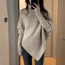 秋冬设计感高领纯羊毛衫女加厚不规则宽松毛衣慵懒风羊绒针织上衣