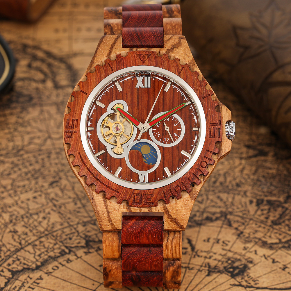 Automatic Mechanical Watch Men Zebra Wood Red Sandalwood Skeleton_voghion.com