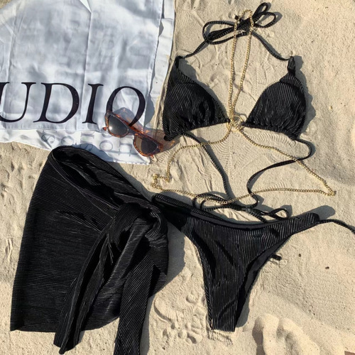 Black chain swimsuit women's bikini three-piece split back swimsuit hot spring beach vacation halter neck sexy