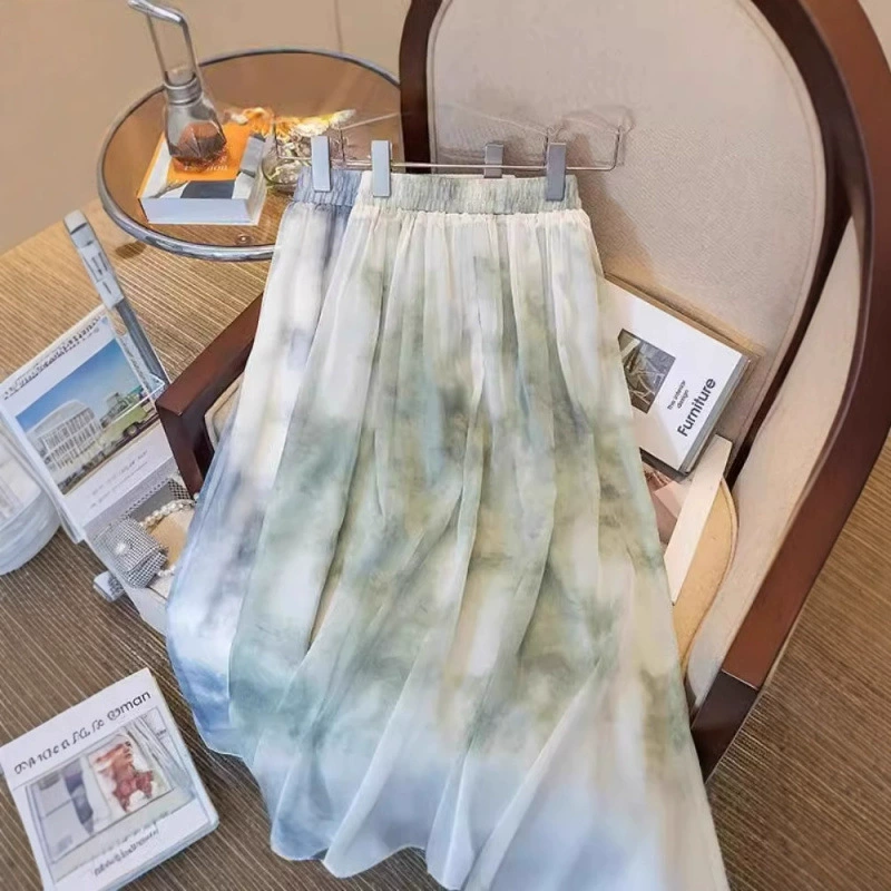 Летняя новая стильная юбка с принтом в стиле размазанных чернил, женская тонкая тонкая длинная юбка трапециевидной формы средней длины с высокой талией ins