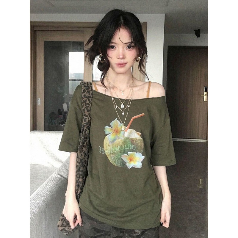 [Snowflake Cotton] American Retro Style Off-Shoulder Short-Sleeved T-Shirt for Women, Summer Coconut Print Off-Shoulder Casual Loose Top