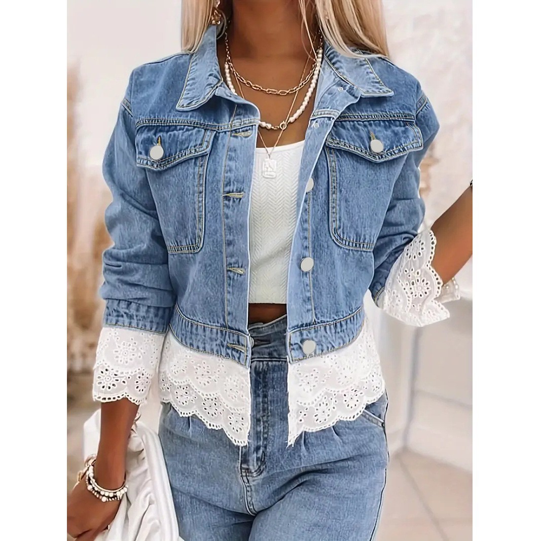 Women's Denim Jacket Plus Size Lace Patchwork Long Sleeve Top_voghion.com