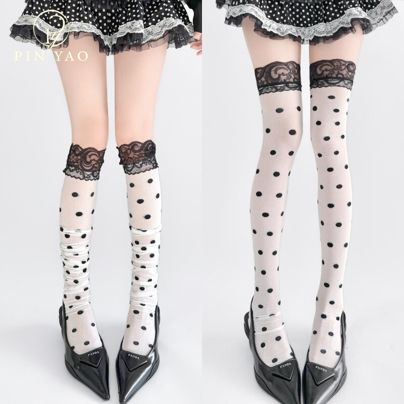 Black Lace Trim High-Top Polka Dot Sexy Thigh-High Stockings Over-The-Knee Long Stockings Versatile Stockings