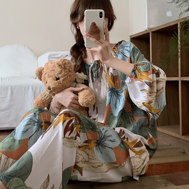 Cotton Silk Pajamas for Women Spring, Autumn and Summer Thin Long-Sleeved Cotton Silk Mother's Home Clothes Artificial Cotton Suit Large Size Tall Outer Wear