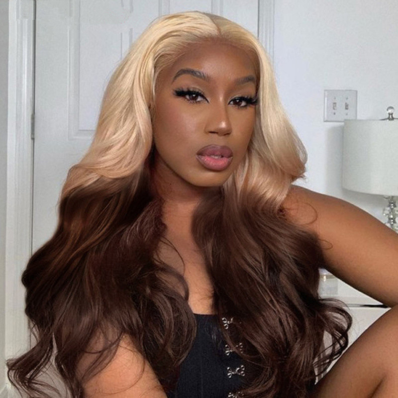 European and American women's front lace wig blonde gradient brown long curly hair wig split chemical fiber high temperature silk headgear