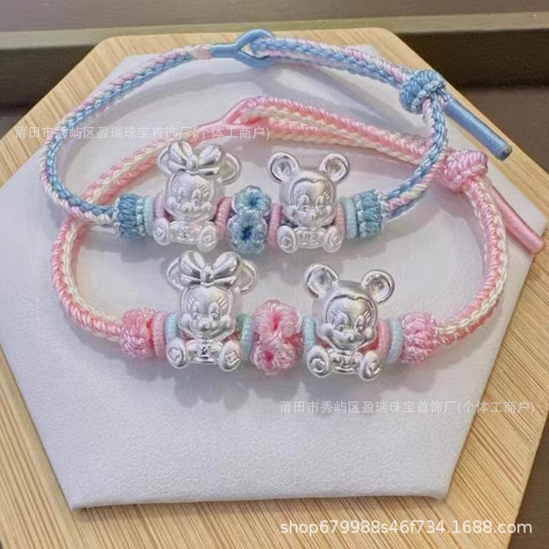 Foot Silver Mickey Mouse Hand Rope 3D Printed Silver Original Design Mickey Minnie Cute Children Sterling Silver Bracelet Hand Woven