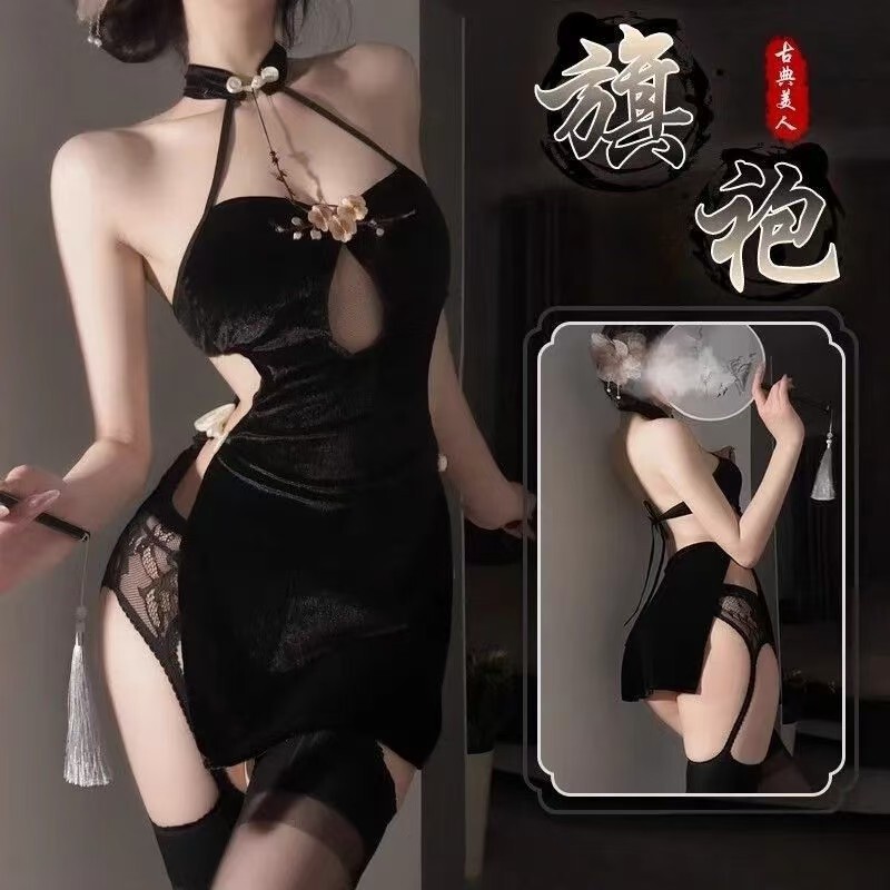 Wholesale Sexy Lingerie Plus Size Cheongsam Pure Desire Plum Blossom Embroidery Slit Cheongsam Sexy No Need to Take Off Classical Velvet Bodycon