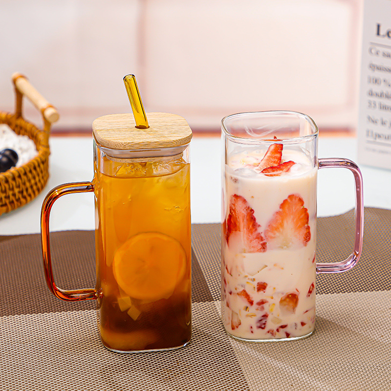新款批發牛奶把手杯咖啡方形玻璃夏季女學生帶蓋吸管杯高硼硅玻璃