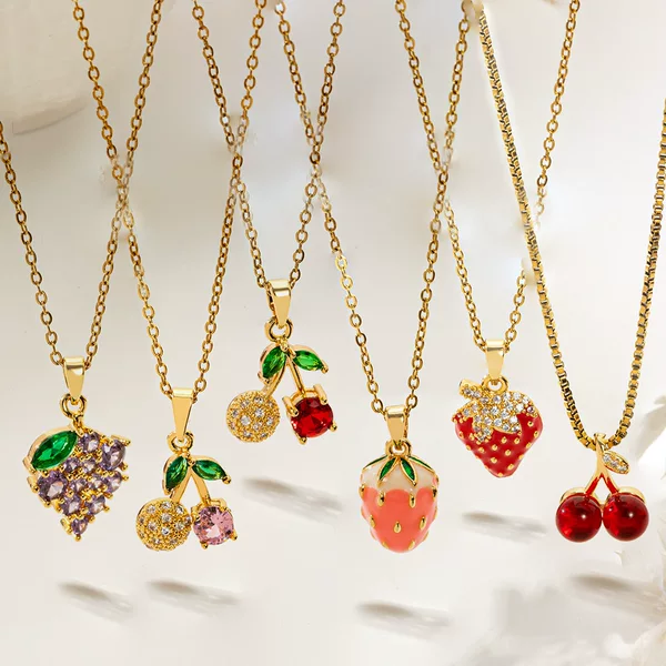 Korean-Style Elegant Light Luxury Full Zircon Copper Micro-Inlaid Necklace for Women, Real Gold Electroplated 3D Fruit Exquisite Clavicle Chain Neck Chain for Women
