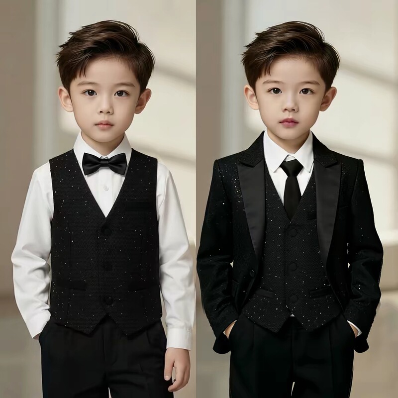 Children's Suit Set Black British Style Boys' Host Formal Wear Shiny Flower Boy Birthday Suit Piano Performance Outfit Children's Suit Set Black British Style Boys' Host Formal Wear Shiny Flower Boy Birthday Suit Piano Performance Outfit