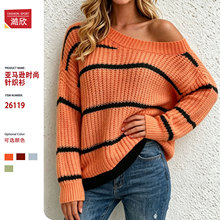 亚马逊外贸跨境斜肩领撞色条纹万圣节宽松休闲慵懒毛织套头上衣