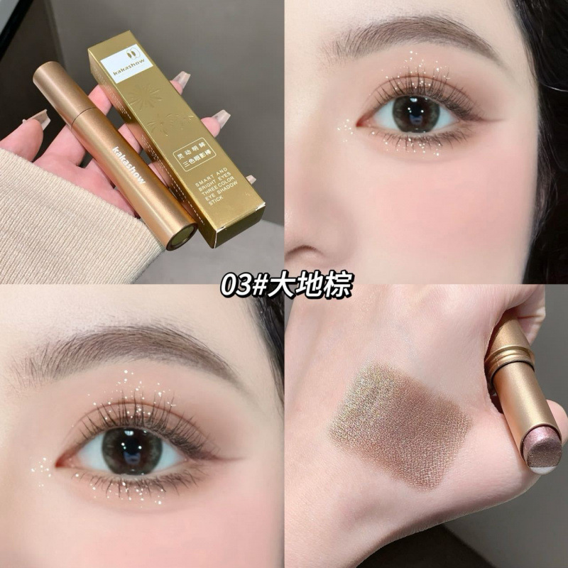 Kakashow Smart Eyes Tricolor Eye Shadow Stick es fácil de manchar con un toque de sombra de maquillaje de alto brillo.
