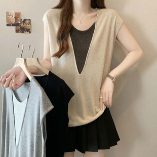 2025 New Summer Fake Two-Piece Color-Blocked Cotton and Linen Knitwears for Women Large Size Loose and Versatile Casual Tops