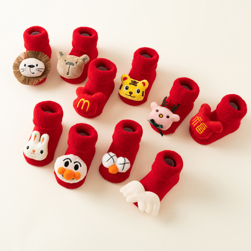 Newborn baby socks autumn and winter baby warm plus velvet red terry anti-slip Christmas floor socks toddler socks wholesale