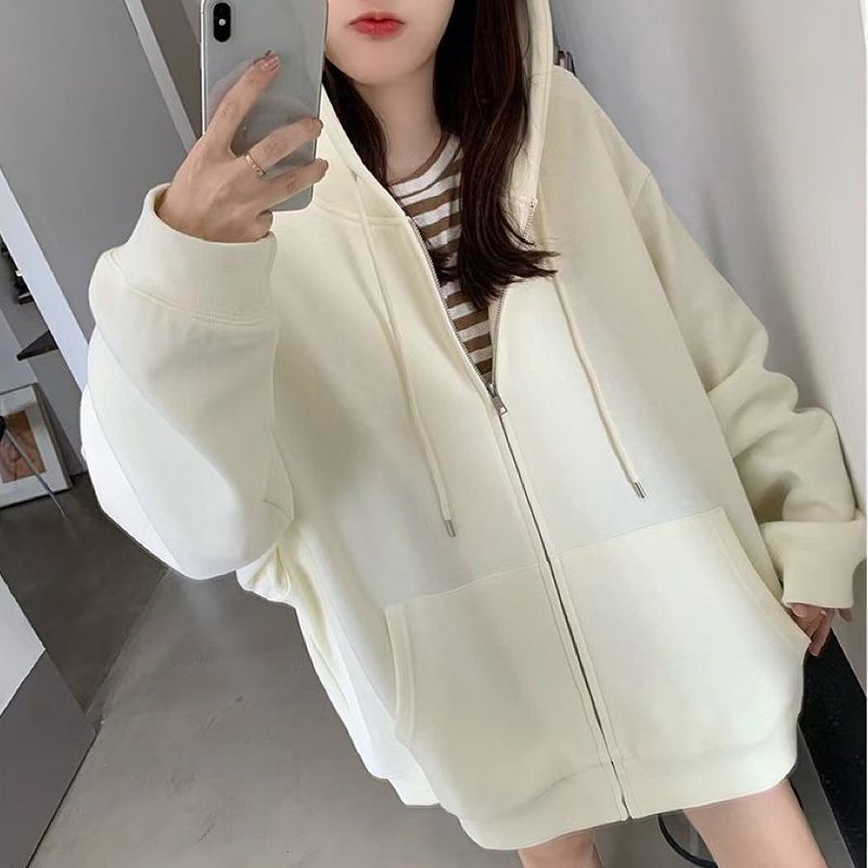 百搭春秋新款慵懒风连帽卫衣女冬加绒宽松情侣拉链开衫外套ins风|undefined