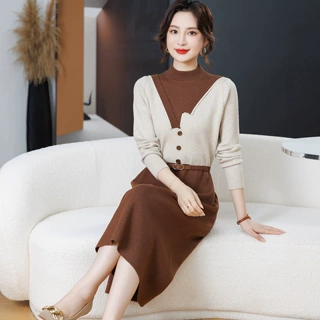 中老年女装洋气连衣裙针织衫长袖宽松中年妈妈装中长款打底羊毛衫