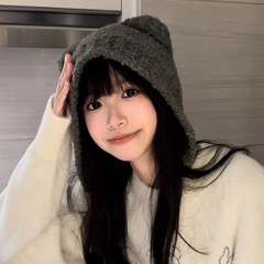 Cute Little Bear Hat for Girls - New Autumn/Winter Version, Versatile and Warm Woolen Ear Knit Hat in Grey 2024