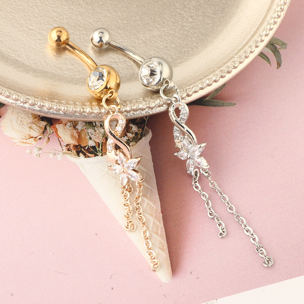 Rose Gold Zircon Flower Belly Button Ring 316L Surgical Steel Navel Piercing Jewelry detail image 7