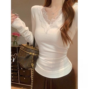 French Collar Lace Wool Knitted Base Shirt Women's Autumn and Winter Elegant Slim-fit Long Sleeve Top
