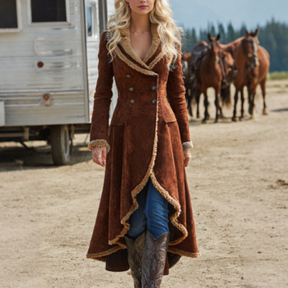 Cross-Border European and American Denim Women's Western Retro Trench Coat Plush Autumn and Winter Fashion Warm Jacket Patchwork Long Style 5388