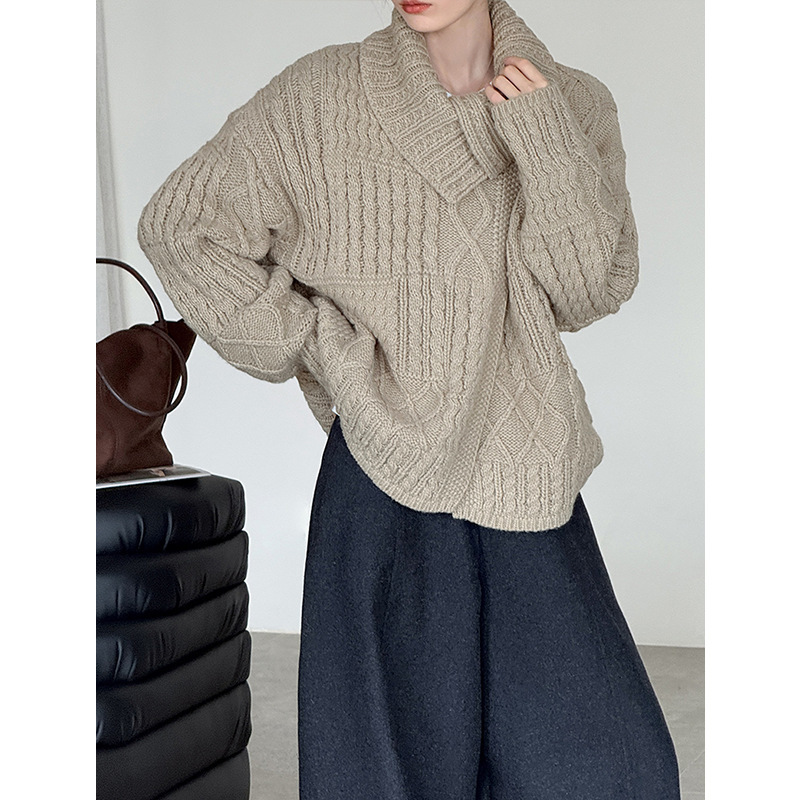 Juzhi Autumn and Winter New Style Lapel Wool Sweater with a Soft and Thick Design, Loose and Lazy Style, Cable Knit 821