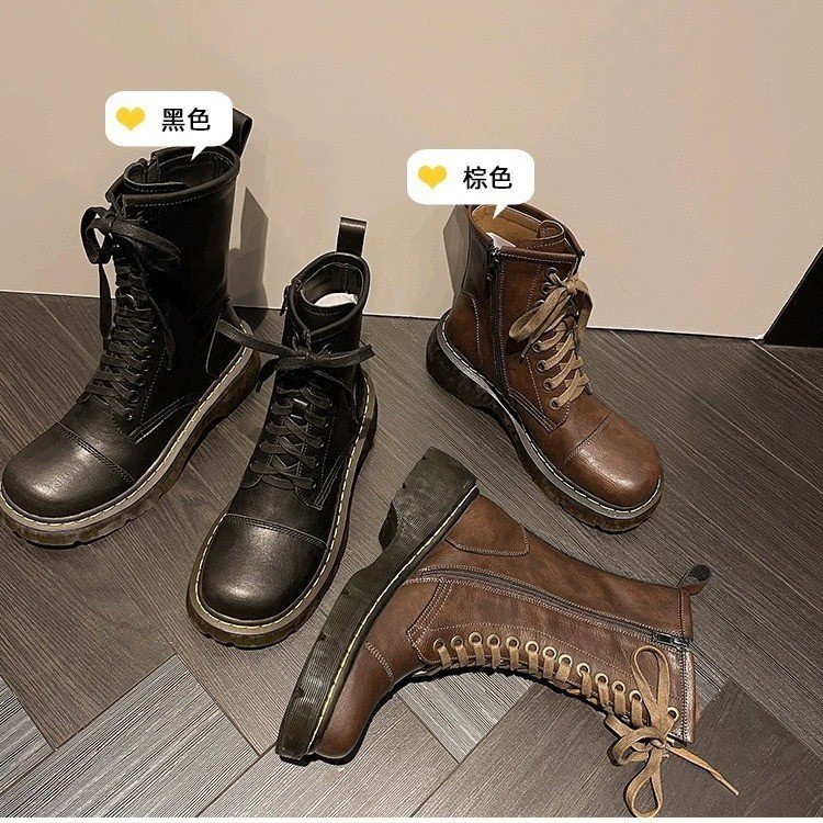 粗跟复古做旧马丁靴女2023年夏季新款韩版系带时尚百搭低筒中筒