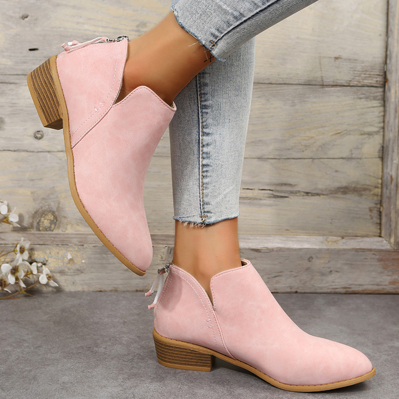 Comercio exterior transfronterizo plano más tamaño botas de cuero cortas Botas de mujer punta puntiaguda tacón grueso cremallera trasera gamuza y botines Botas de mujer Martin