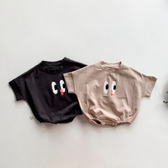 Korean-style Summer Short-Sleeve Romper for Infants & Toddlers, Newborn Adorable Jumpsuit with Big-Eye Print and Bib-style Design