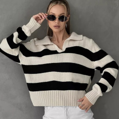 女性用ニットシャツ2024秋冬新商品欧米クロスボーダーPOLO襟ストライプ衝突色ゆるいニットセーター女性