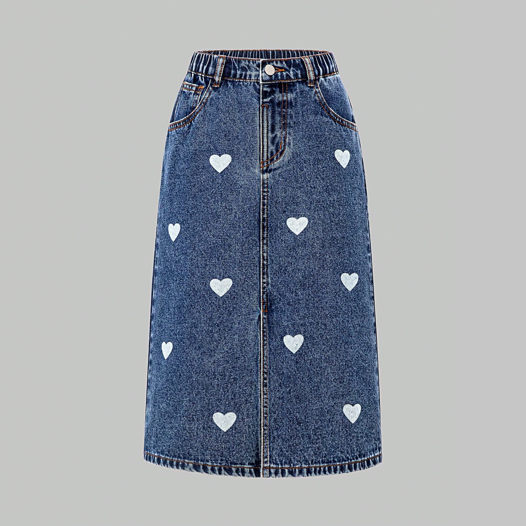 Cross-border foreign trade teen girls' washed denim A-line skirt with blue and white heart print, casual elastic waist, and slit