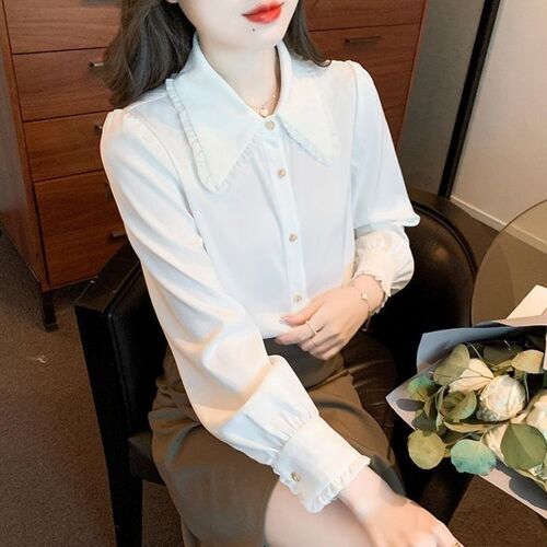 Autumn and winter new chiffon thickened fleece-lined shirt for women—French-style doll-collar design, unique and versatile top for ladies.