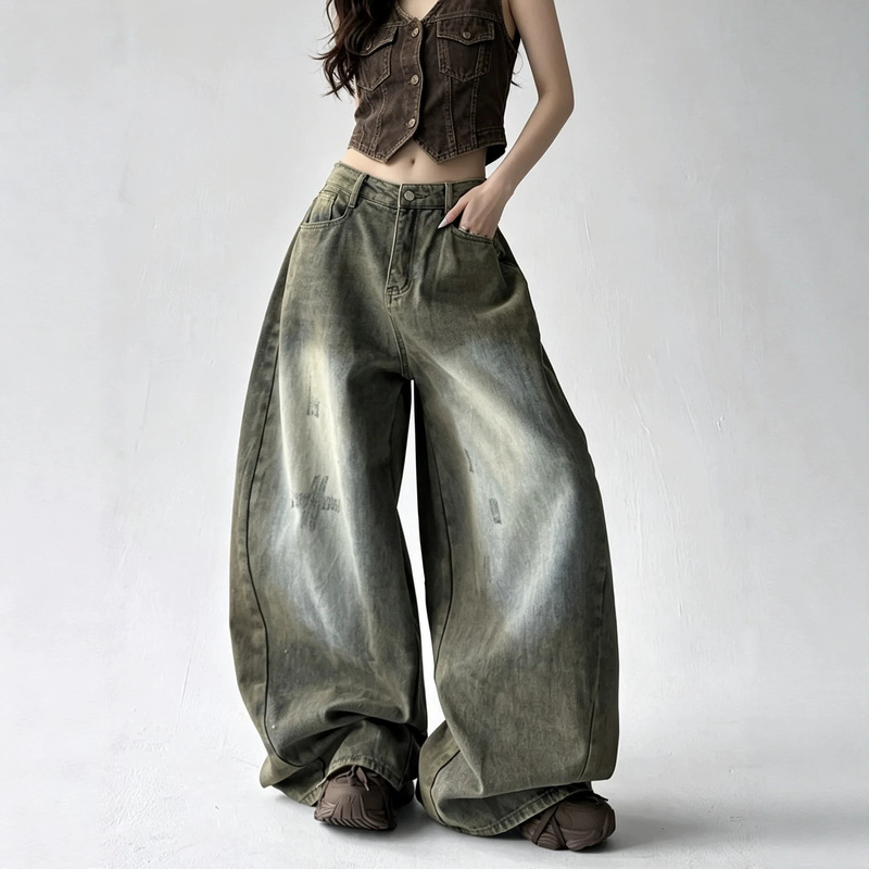 American High Street Niche Design Wide-Leg Washed Denim Jeans Couple Style Straight Loose Oversized Floor-Length Vintage Pants