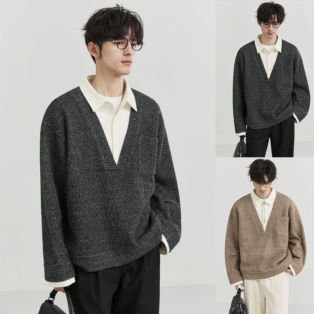Falsa camisa de dos piezas cuello empalmado chaqueta hombre viejo estilo de v-cuello polo primavera y otoño manga larga fábrica transfronteriza al por mayor