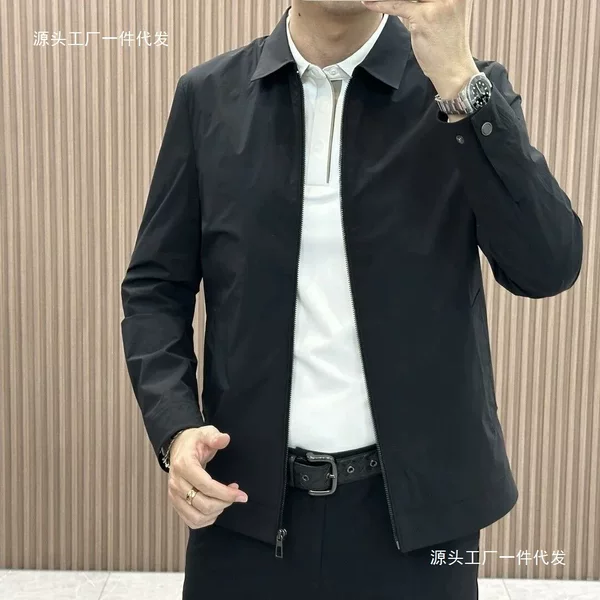 Spring new lightweight stretch jacket for men, plain business casual zip-up style with a classic lapel, versatile men's outerwear