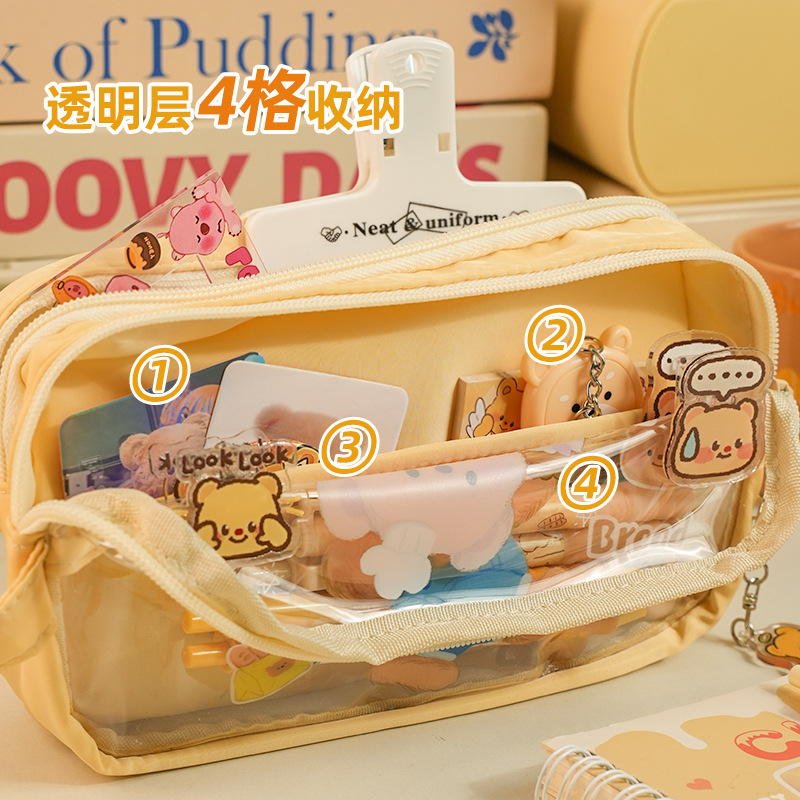 Bolsa de lápiz transparente para estudiantes de primaria, caja de papelería de alta capacidad, nueva caja de lápiz multicapa, linda bolsa de papelería para niñas