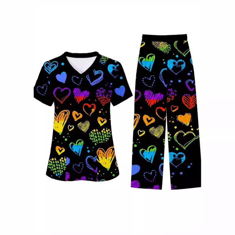 Summer New Style Distinctive Cute suit Printed Knitted V-Neck Top Casual Pants Two-Piece Clothing WB9 ML4