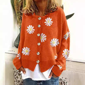 花卉图案纽扣针织开衫毛衣欧美跨境女士长袖上衣2024秋冬季亚马逊