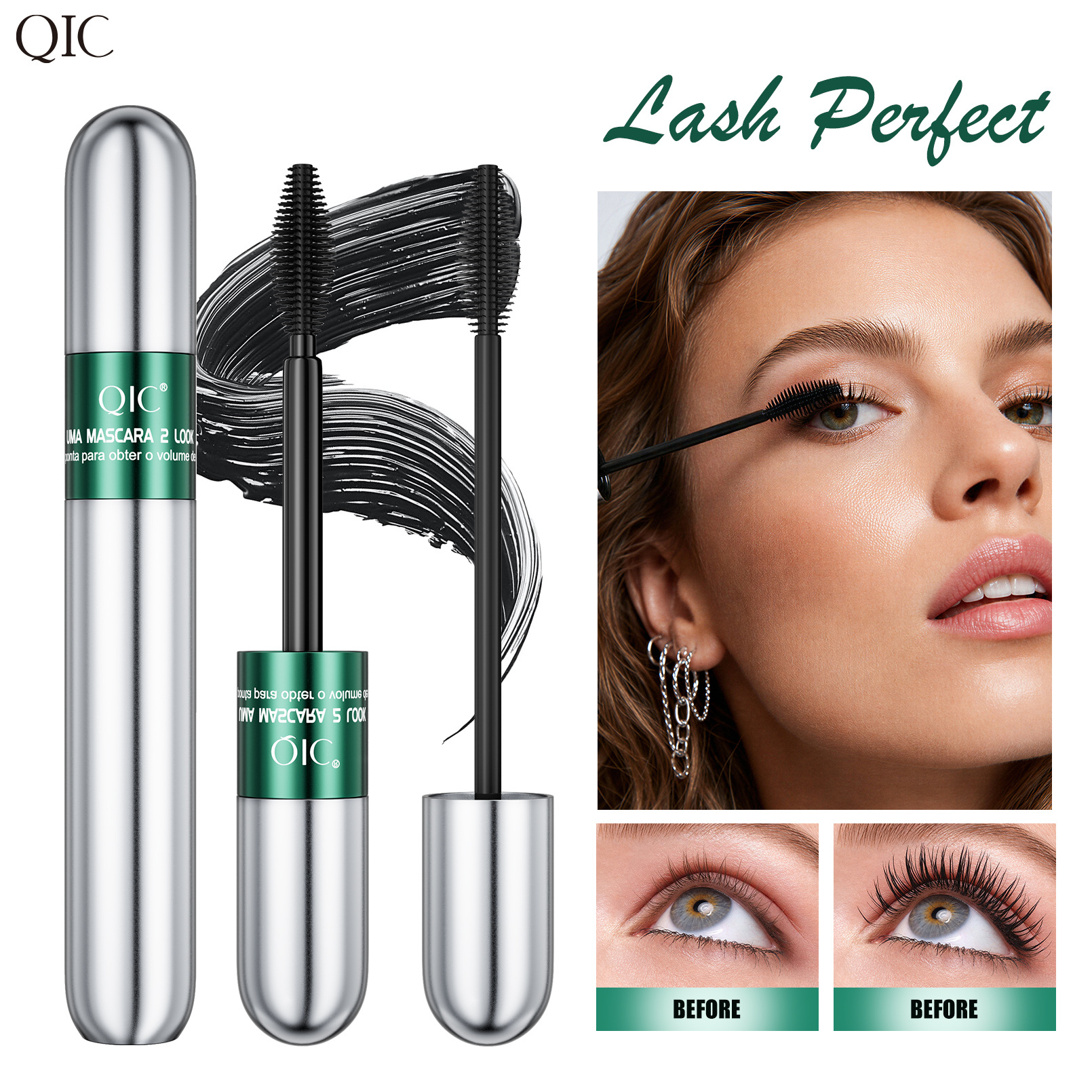 QIC Double-effect Eyelash Backed Thick Curl Elongation Two-in-One Waterproof Mascara Cross-border Makeup