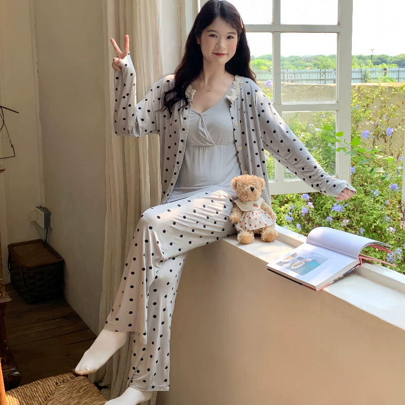 В наличии 88152 Модальные пижамы для беременных на весну и осень, одежда для сна для беременных после родов с подушечками для груди, комплект домашней одежды из трех предметов.