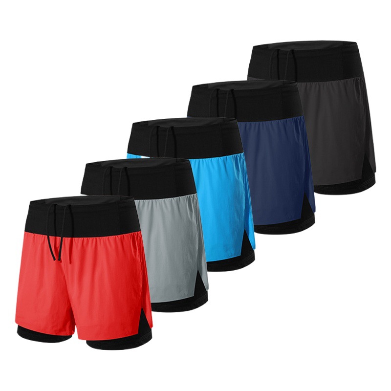 Pantalones cortos para correr de secado rápido de verano Pantalones cortos de doble capa falsos de dos piezas para hombres con forro de entrenamiento casual pantalones cortos deportivos elásticos de baloncesto