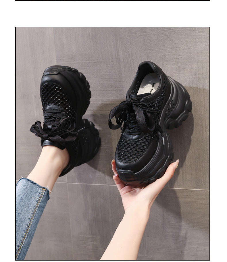 Giày sneaker chunky nữ đế dày lưới thoáng khí tăng chiều cao đính đá — Màu đen chi tiết 12